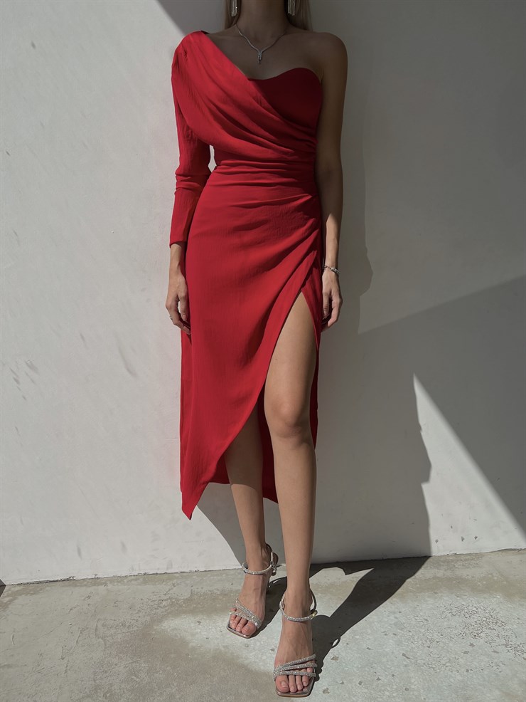 Drape Detaylı Tek Omuz Etek Kısmı Kruvaze Yırtmaçlı Lowry Kadın Kırmızı Midi Boy Elbise 23K000091