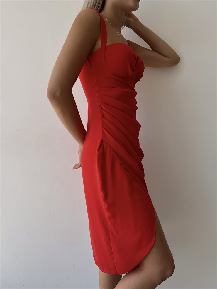 Drapeli Kalın Askı Eteği Kruvaze Paolina Kadın Kırmızı Elbise 22K000535