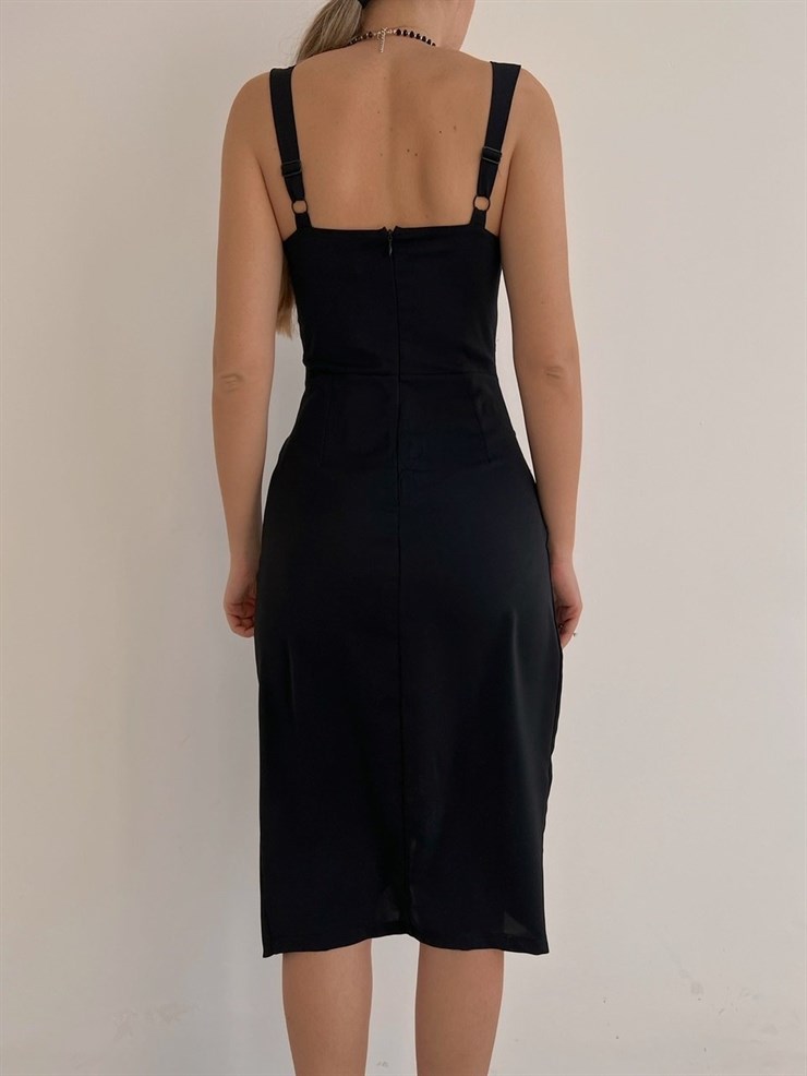 Drapeli Kalın Askı Eteği Kruvaze Paolina Kadın Siyah Elbise 22K000535