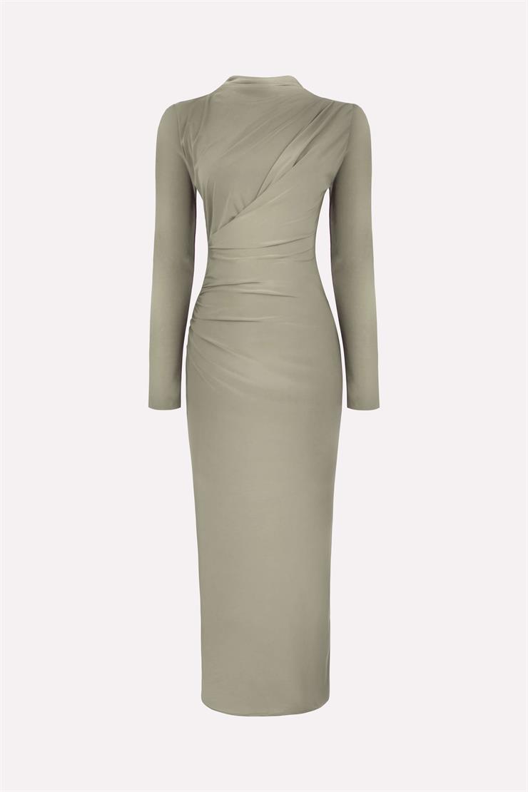 Drapeli Maxi Boy Arızon Haki Kadın elbise 26K018