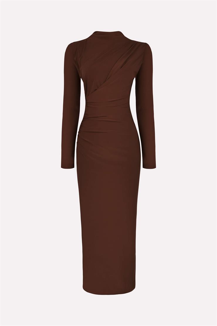 Drapeli Maxi Boy Arızon Kahve Kadın elbise 26K018