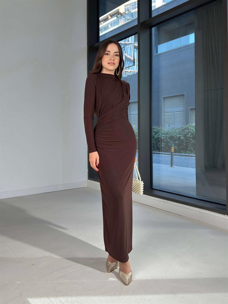 Drapeli Maxi Boy Arızon Kahve Kadın elbise 26K018