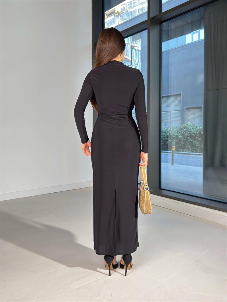 Drapeli Maxi Boy Arızon Siyah Kadın elbise 26K018