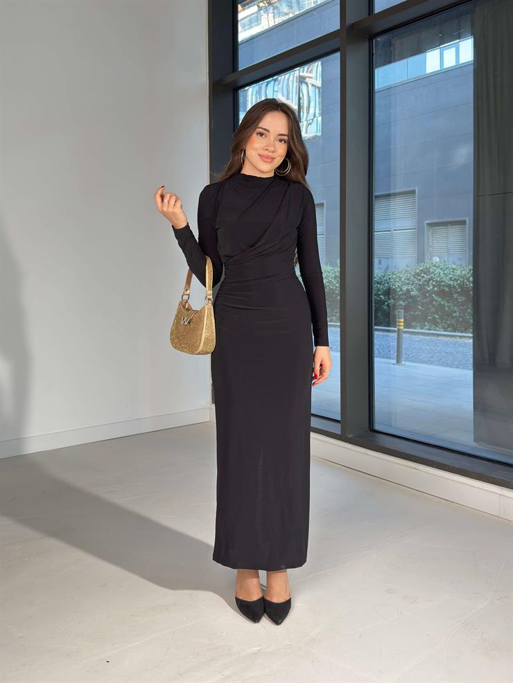 Drapeli Maxi Boy Arızon Siyah Kadın elbise 26K018