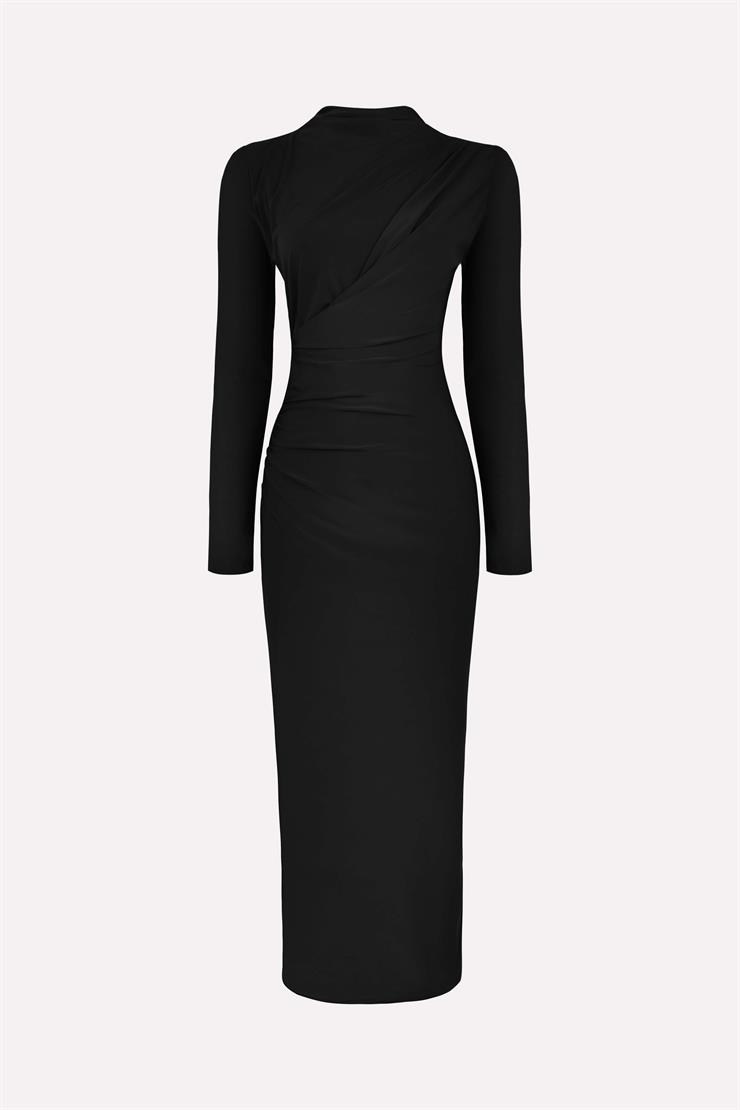 Drapeli Maxi Boy Arızon Siyah Kadın elbise 26K018