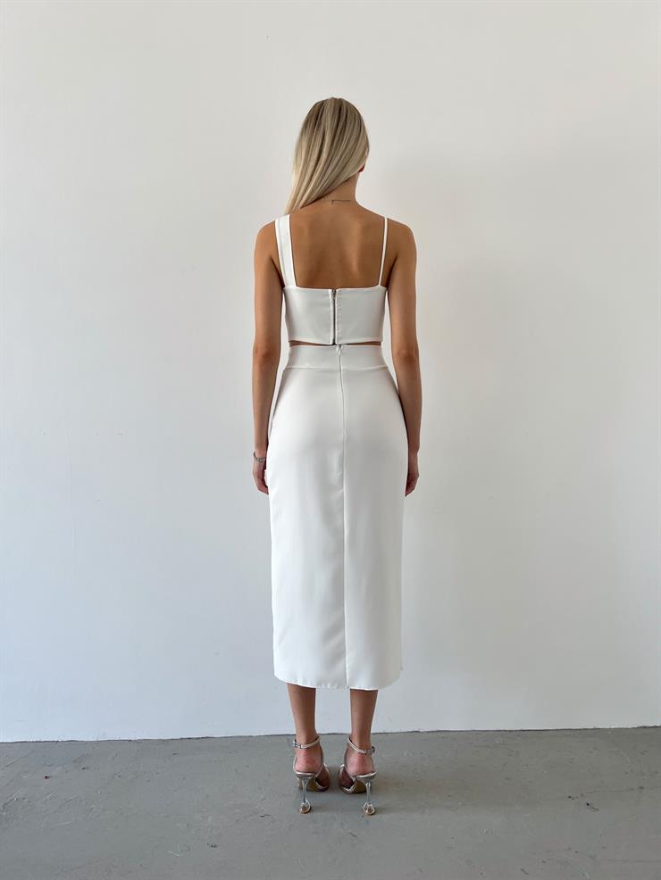 V Yaka Crop Yüksek Bel Yırtmaçlı Midi Etek Duarte Kadın Ekru İkili Takım 23Y000561