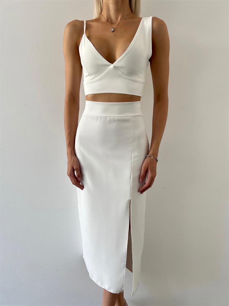 V Yaka Crop Yüksek Bel Yırtmaçlı Midi Etek Duarte Kadın Ekru İkili Takım 23Y000561