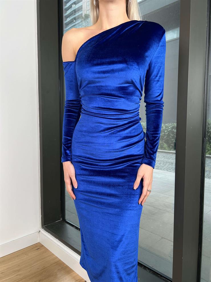 Tek Omuz Drape Detaylı Duccia Kadın Saks Kadife Elbise 24k342