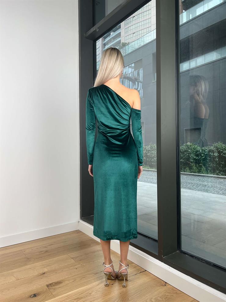 Tek Omuz Drape Detaylı Duccia Kadın Zümrüt Kadife Elbise 24k342