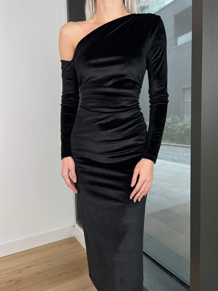 Tek Omuz Drape Detaylı Duccia Kadın Siyah Kadife Elbise 24k342