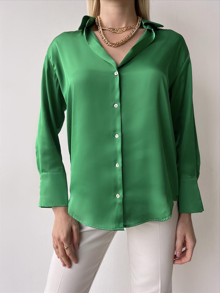 Düğme Kapamalı Devil Kadın Yeşil Saten Gömlek 23K000381