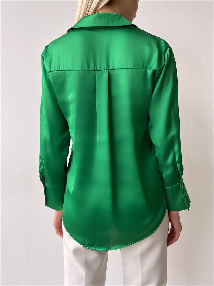 Düğme Kapamalı Devil Kadın Yeşil Saten Gömlek 23K000381