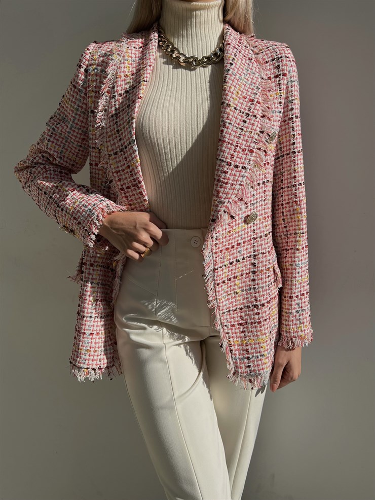 Düğme Kapamalı Naevus Kadın Pembe Püsküllü Tüvit Ceket 23K000084