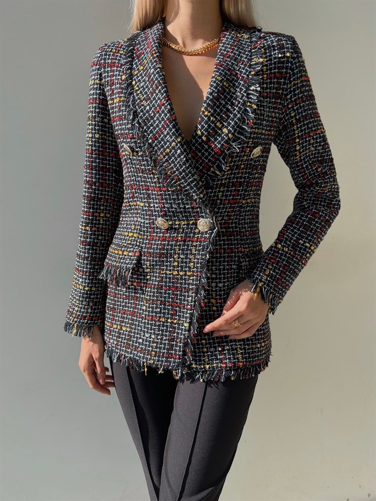 Düğme Kapamalı Naevus Kadın Siyah Püsküllü Tüvit Ceket 23K000084