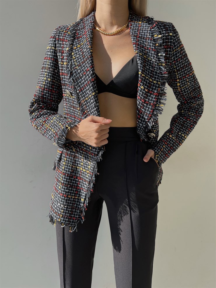 Düğme Kapamalı Naevus Kadın Siyah Püsküllü Tüvit Ceket 23K000084