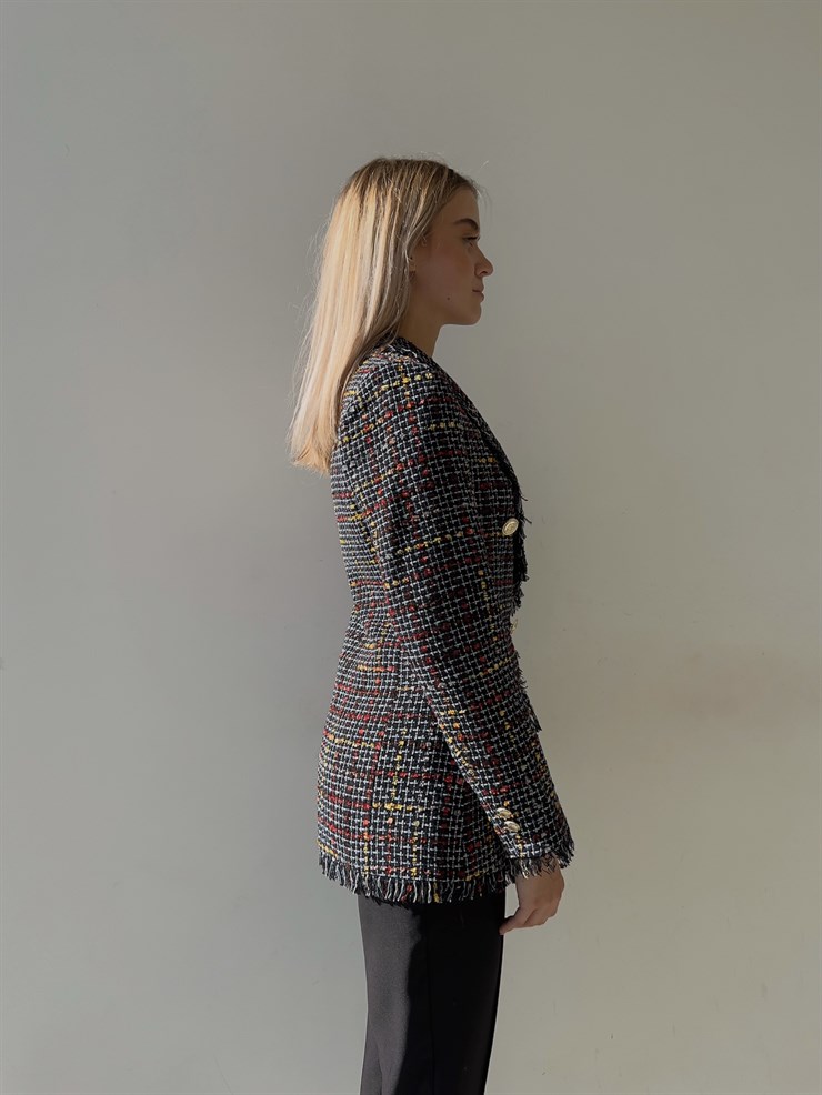 Düğme Kapamalı Naevus Kadın Siyah Püsküllü Tüvit Ceket 23K000084