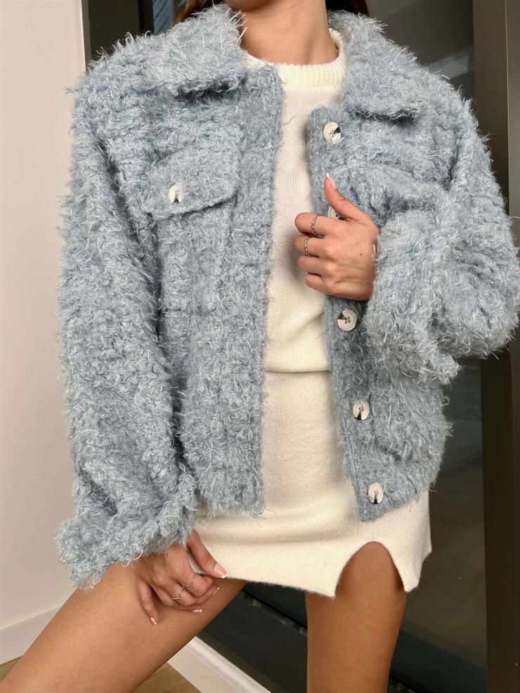 Düğme Kapamalı Peluş Bastian Kadın Mavi Ceket 24k217
