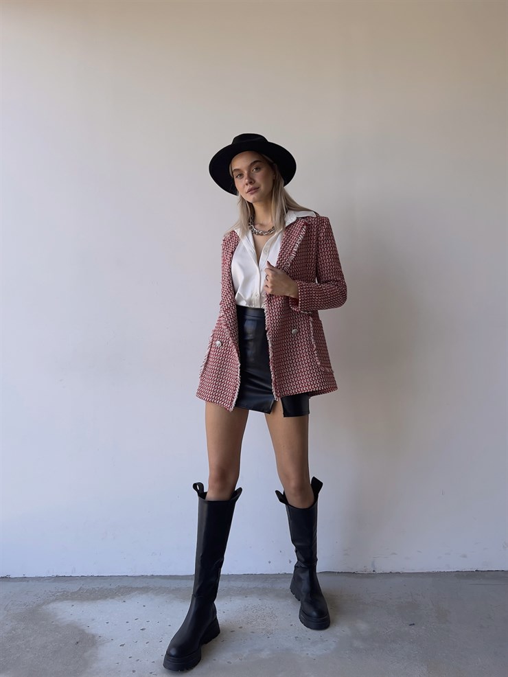 Düğme Kapamalı Yanları Cepli Paulus Kadın Kırmızı Saçaklı Tüvit Ceket 23K000080