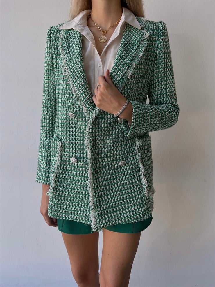 Düğme Kapamalı Yanları Cepli Paulus Kadın Yeşil Saçaklı Tüvit Ceket 23K000080