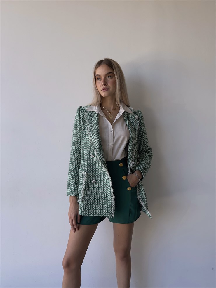 Düğme Kapamalı Yanları Cepli Paulus Kadın Yeşil Saçaklı Tüvit Ceket 23K000080
