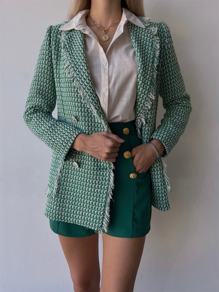 Düğme Kapamalı Yanları Cepli Paulus Kadın Yeşil Saçaklı Tüvit Ceket 23K000080