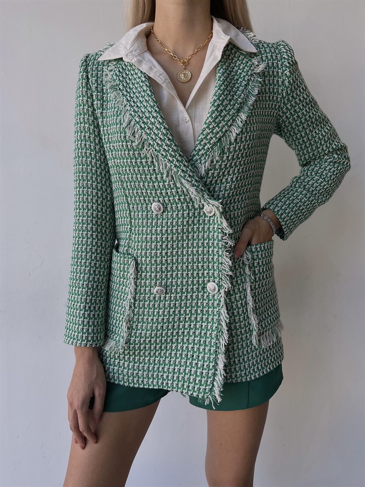 Düğme Kapamalı Yanları Cepli Paulus Kadın Yeşil Saçaklı Tüvit Ceket 23K000080