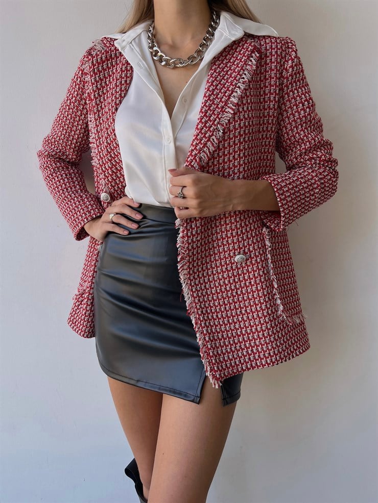 Düğme Kapamalı Yanları Cepli Paulus Kadın Kırmızı Saçaklı Tüvit Ceket 23K000080