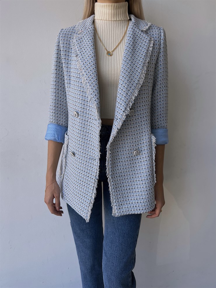 Düğme Kapamalı Yanları Cepli Paulus Kadın Mavi Saçaklı Tüvit Ceket 23K000080