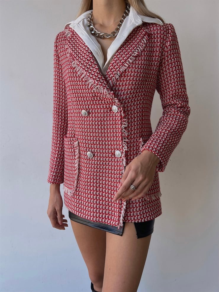 Düğme Kapamalı Yanları Cepli Paulus Kadın Kırmızı Saçaklı Tüvit Ceket 23K000080