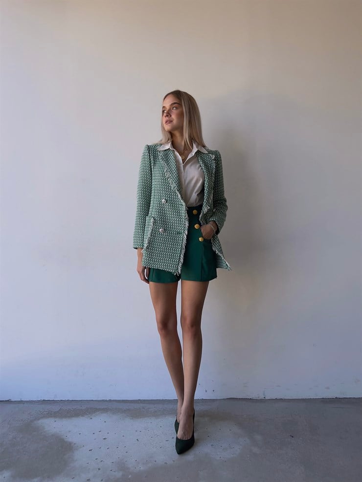 Düğme Kapamalı Yanları Cepli Paulus Kadın Yeşil Saçaklı Tüvit Ceket 23K000080