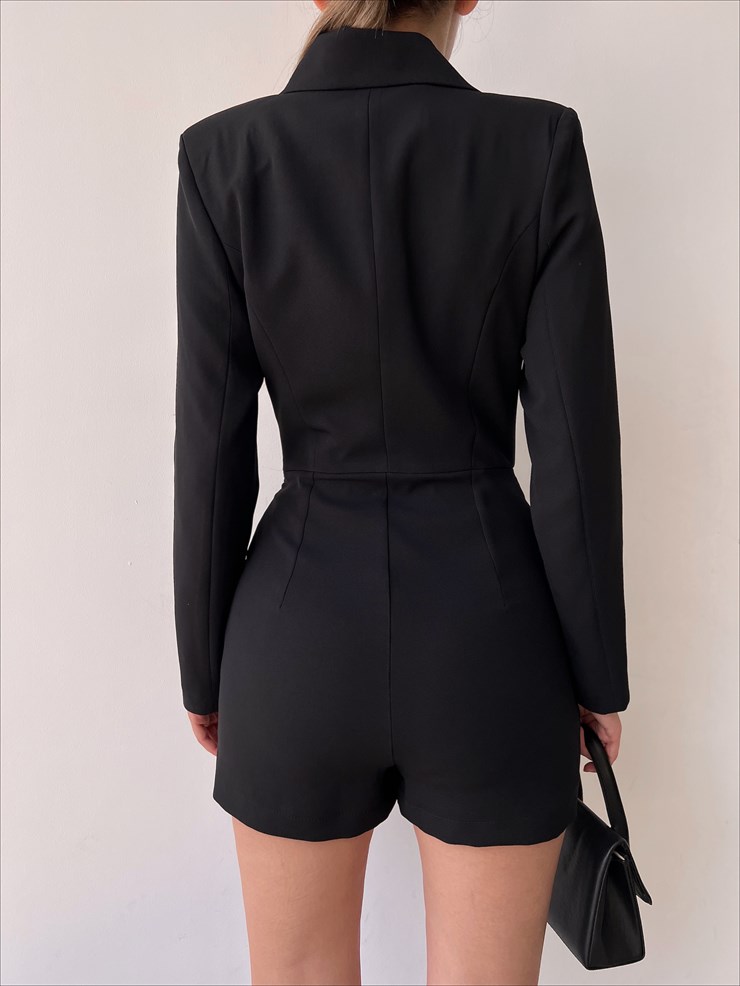 Düğme Ve Cep Arası Zincir Detaylı Kruvaze Korbin Kadın Siyah Ceket Tulum 22Y000225