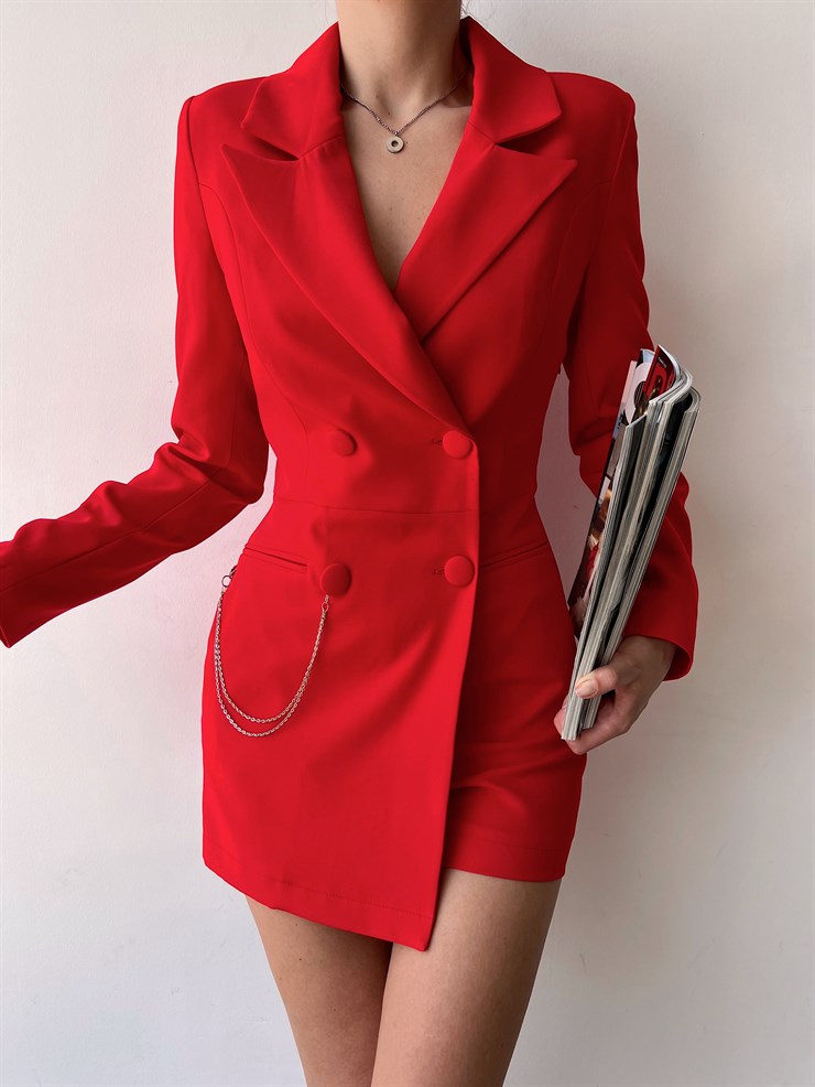 Düğme Ve Cep Arası Zincir Detaylı Kruvaze Korbin Kadın Kırmızı Ceket Tulum 22Y000225