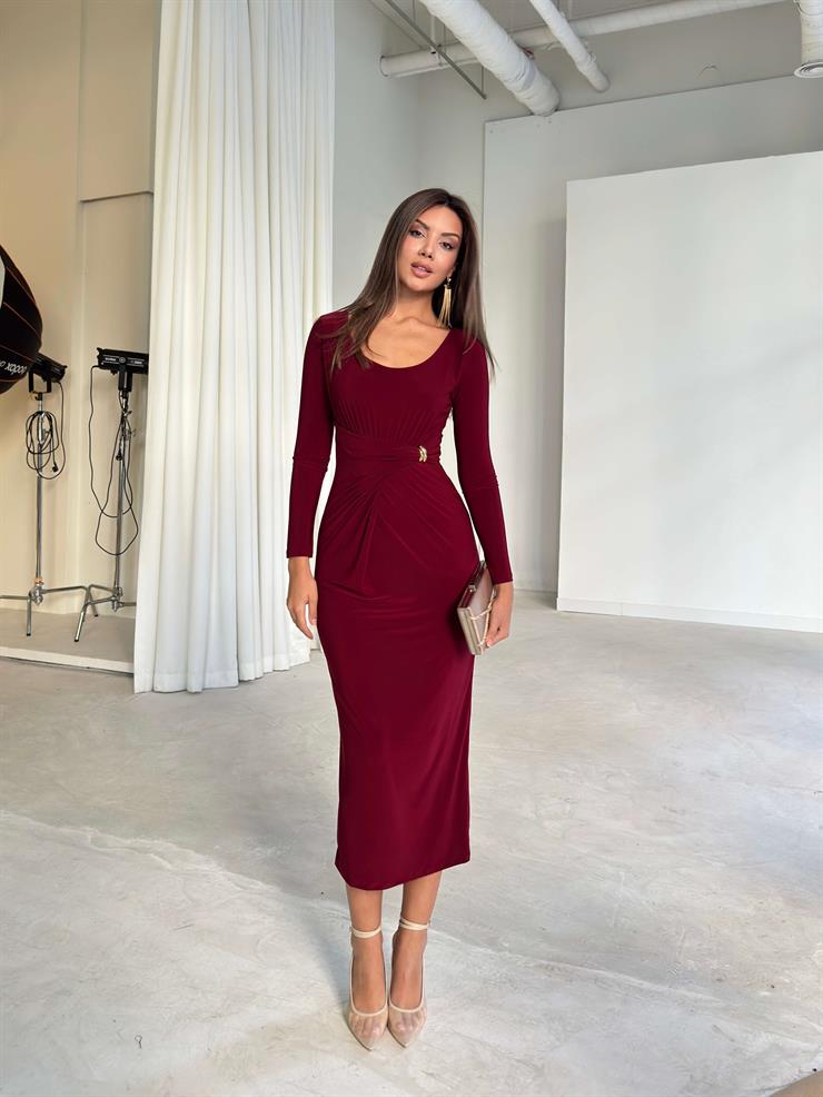 Aksesuarlı Drape Detaylı Duncan Bordo Kadın Elbise 26K226
