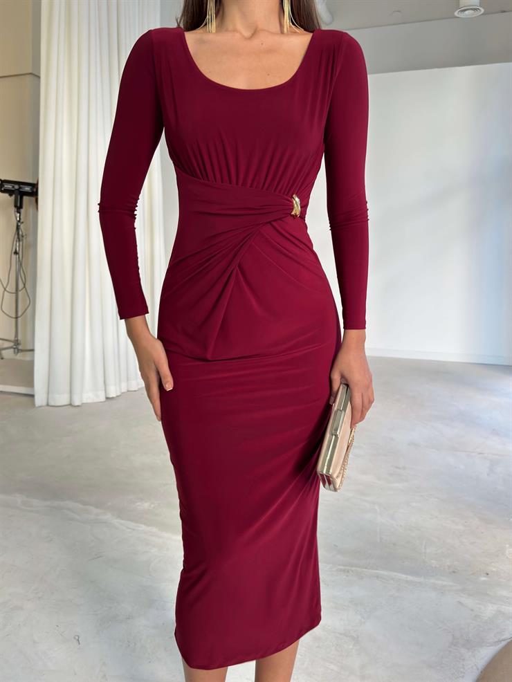 Aksesuarlı Drape Detaylı Duncan Bordo Kadın Elbise 26K226