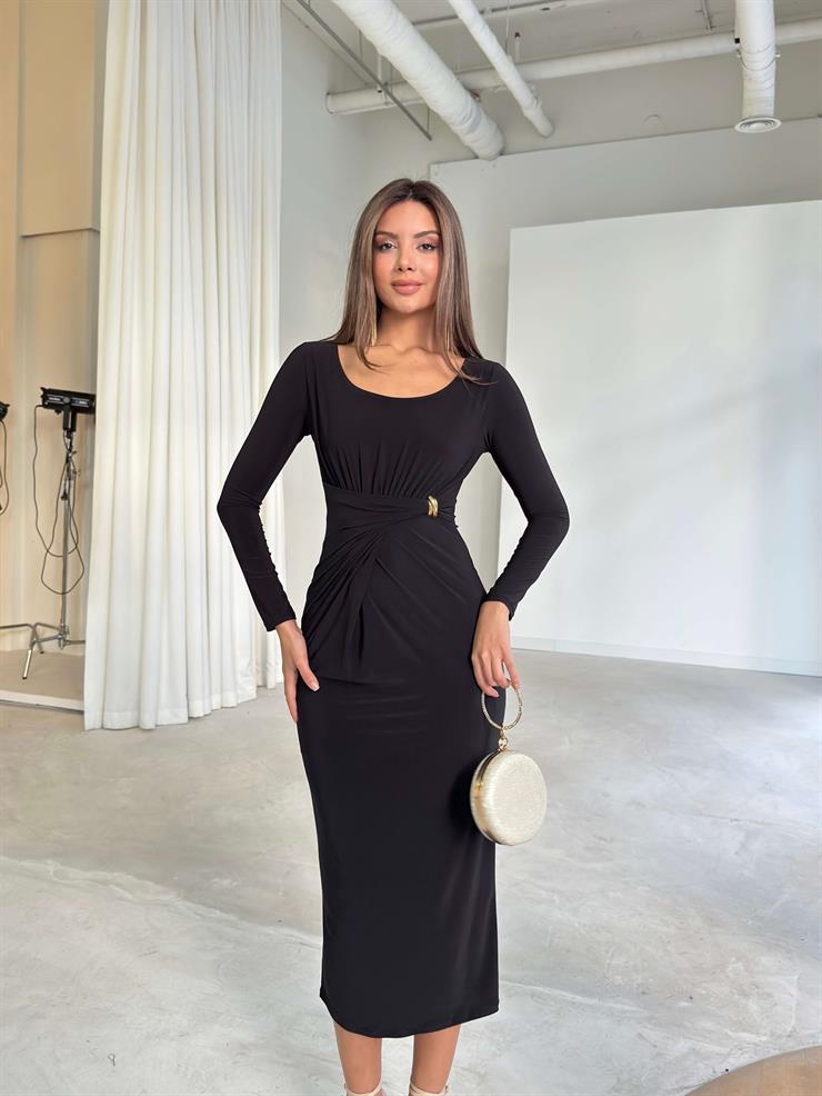 Aksesuarlı Drape Detaylı Duncan Siyah Kadın Elbise 26K226