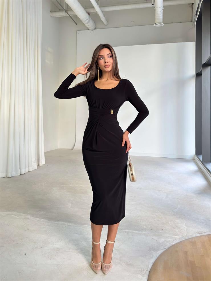 Aksesuarlı Drape Detaylı Duncan Siyah Kadın Elbise 26K226