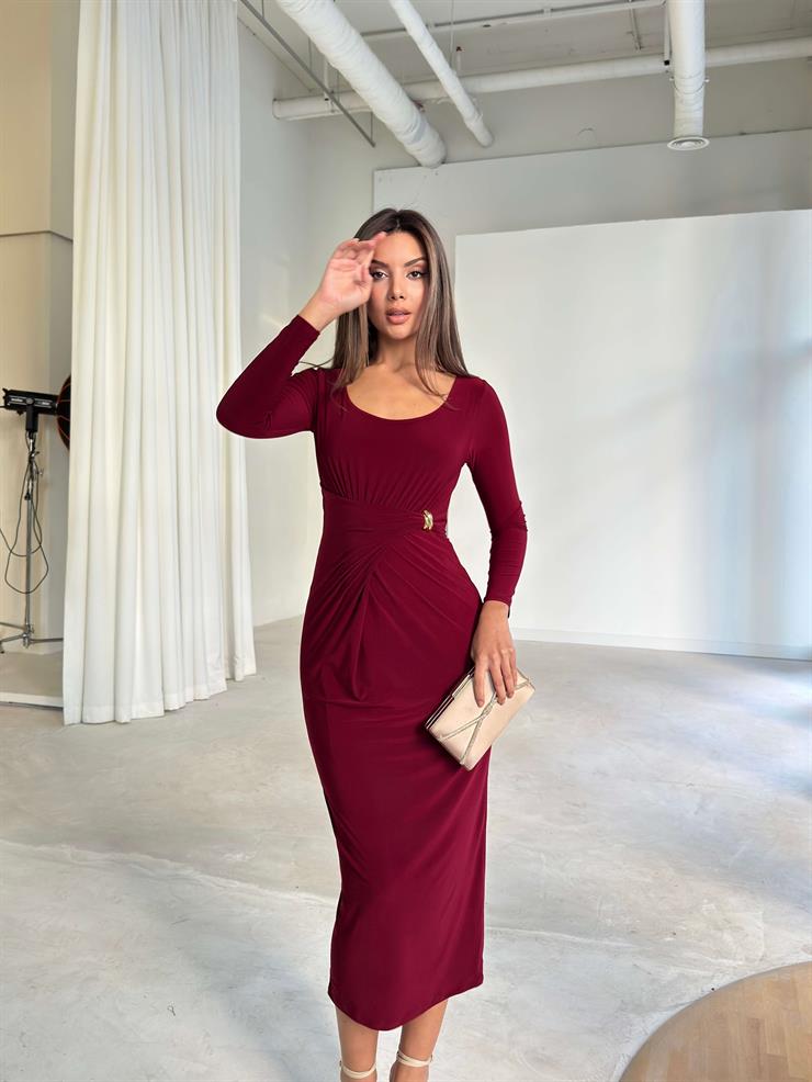 Aksesuarlı Drape Detaylı Duncan Bordo Kadın Elbise 26K226