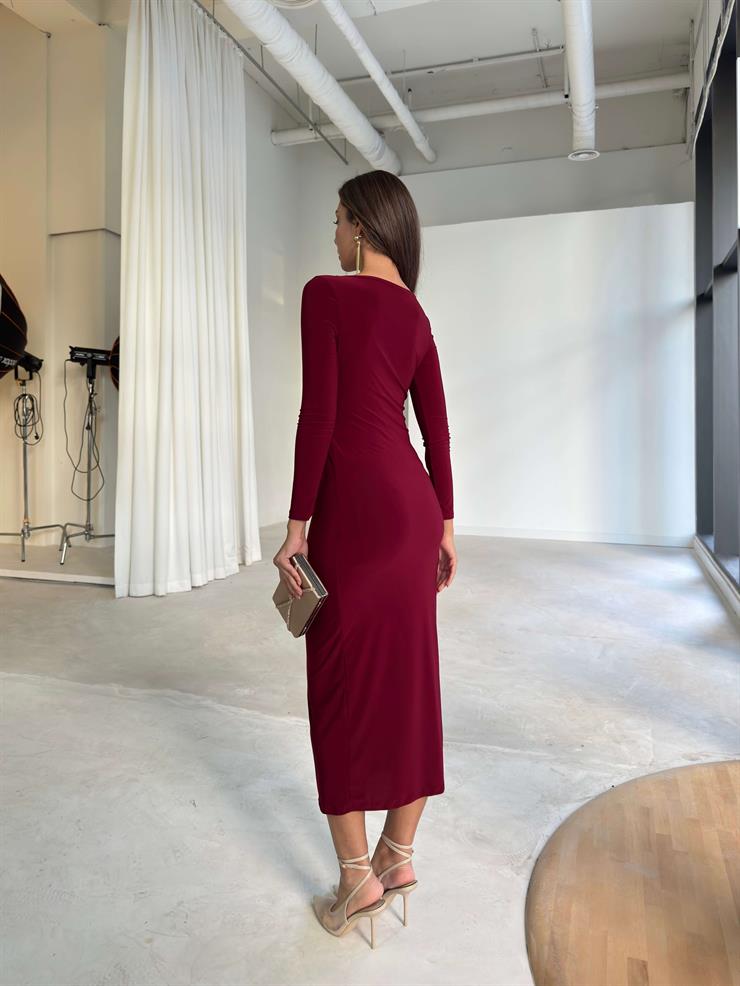 Aksesuarlı Drape Detaylı Duncan Bordo Kadın Elbise 26K226