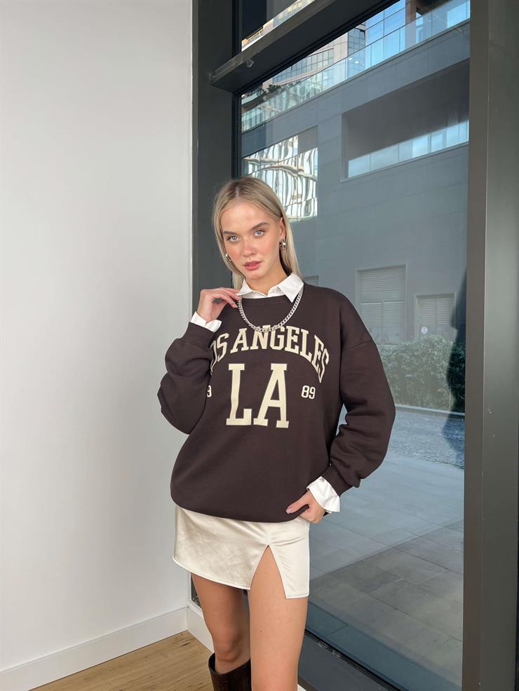 Bisiklet Yaka Los Angelas Yazılı Dust Kadın Kahve Sweatshirt 24k000193