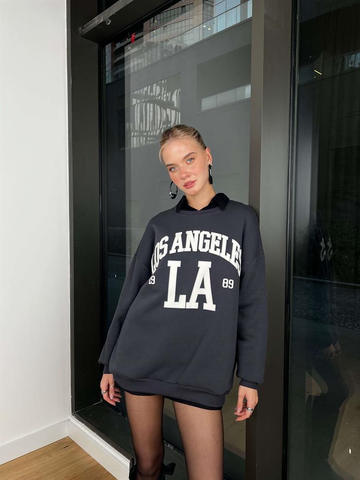 Bisiklet Yaka Los Angelas Yazılı Dust Kadın Antrasit Sweatshirt 24k000193