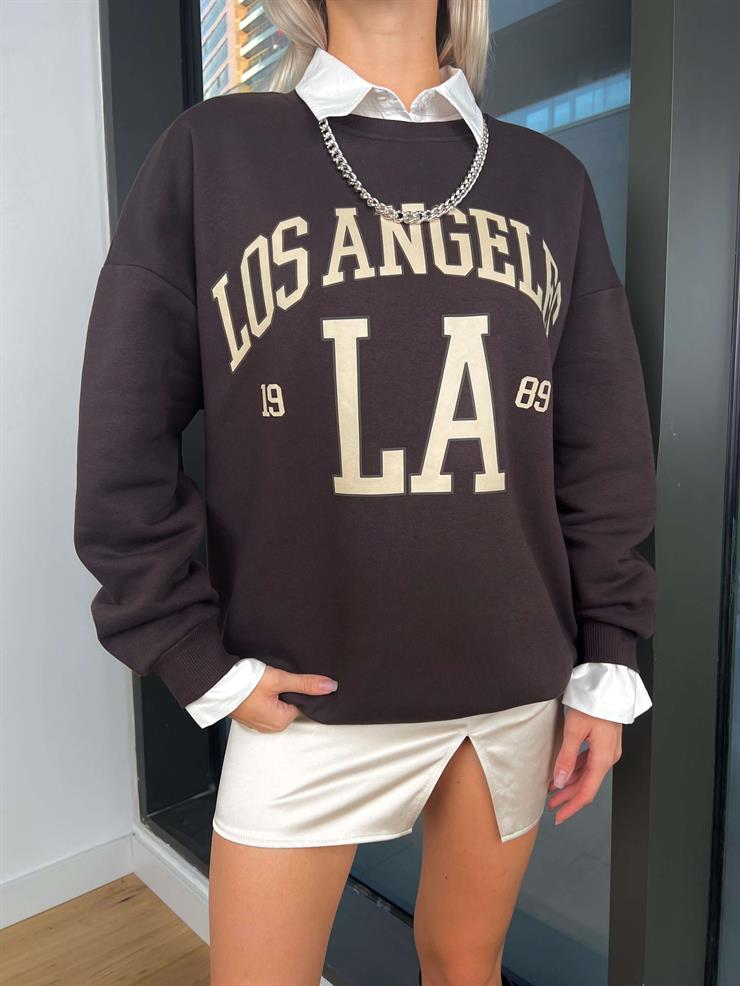 Bisiklet Yaka Los Angelas Yazılı Dust Kadın Kahve Sweatshirt 24k000193
