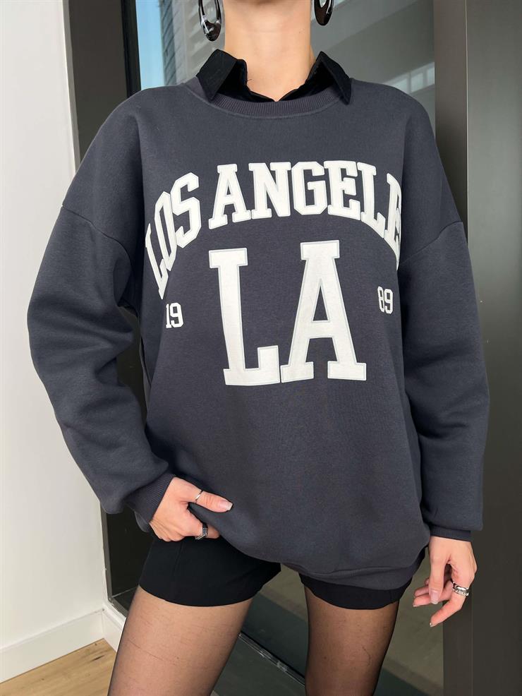 Bisiklet Yaka Los Angelas Yazılı Dust Kadın Antrasit Sweatshirt 24k000193