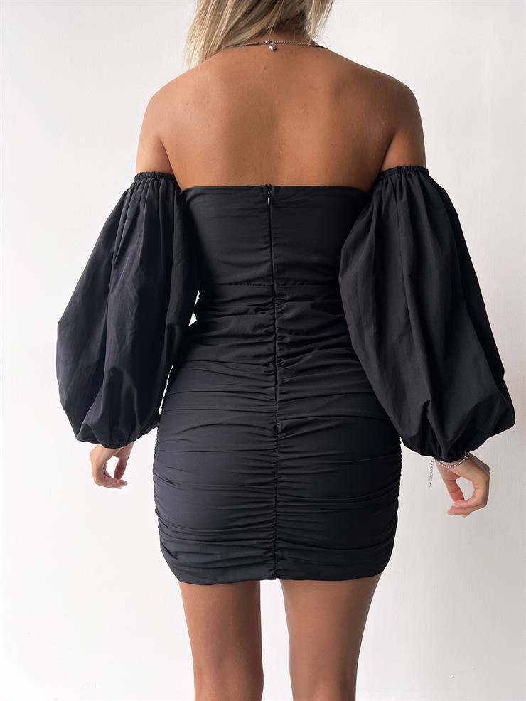 Düşük Balon Kol Drape Detaylı Maddox Kadın Siyah Elbise 23K000412