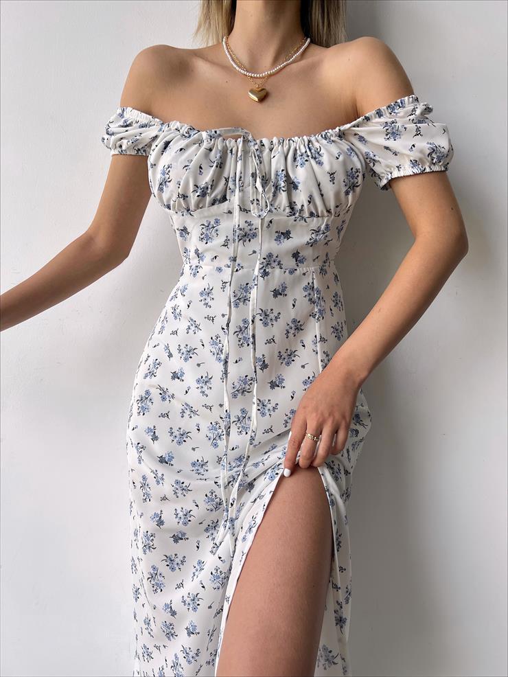 Düşük Kısa Kollu Önü Bağcık Detaylı Rıver Kadın Mavi Çiçekli Elbise 23Y000227