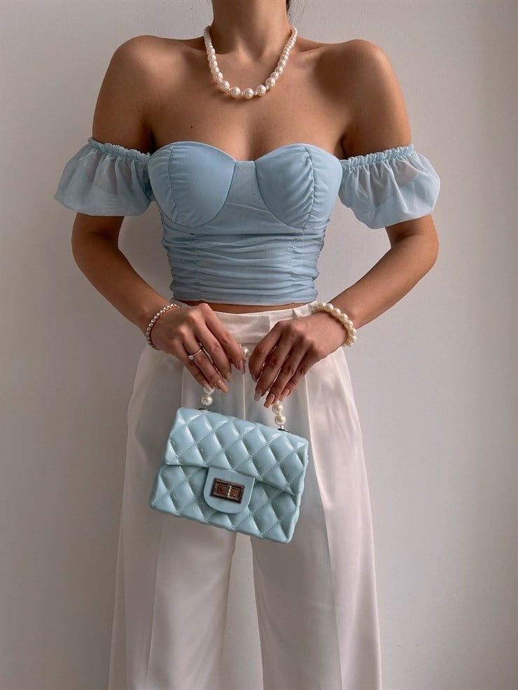 Düşük Omuz Drape Detaylı Tül Kadın Mavi Crop Bluz 21Y000525