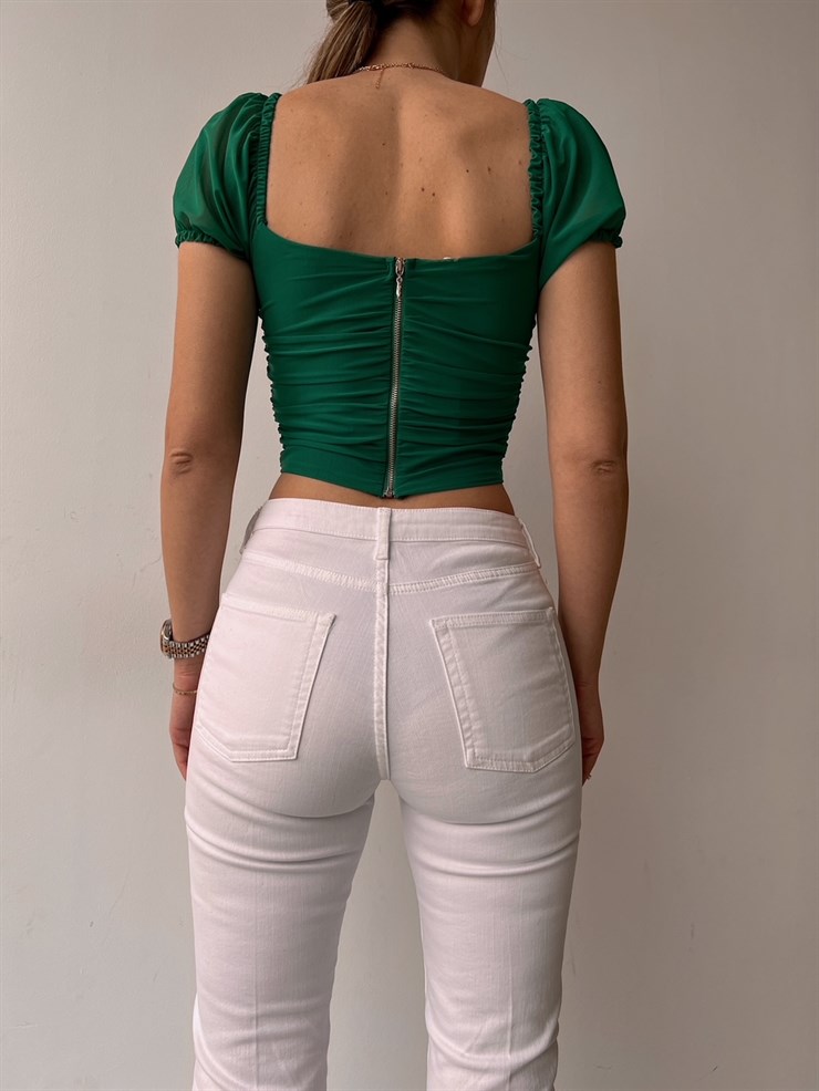 Düşük Omuz Drape Detaylı Tül Kadın Yeşil Crop Bluz 21Y000525