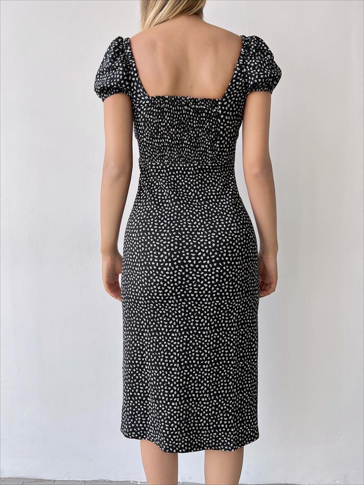 Düşük Omuz Kolları Lastikli Keven Kadın Siyah Midi Elbise 23Y000270