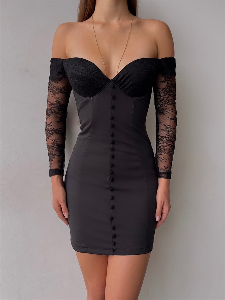 Düşük Omuz Kolları Tül Önü Düğme Detaylı Adriano Kadın Siyah Mini Elbise 23K000120