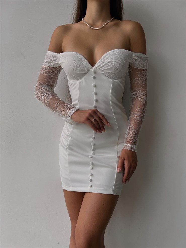 Düşük Omuz Kolları Tül Önü Düğme Detaylı Adriano Kadın Beyaz Mini Elbise 23K000120