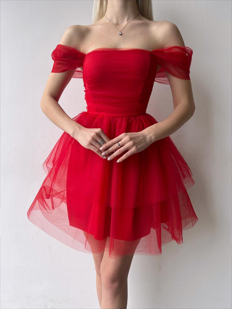 Düşük Tül Kol Eteği Kat Detaylı Litus Kadın Kırmızı Mini Elbise 23Y000109